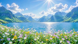 阳光下的山湖花海