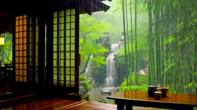雨天瀑布竹林小屋
