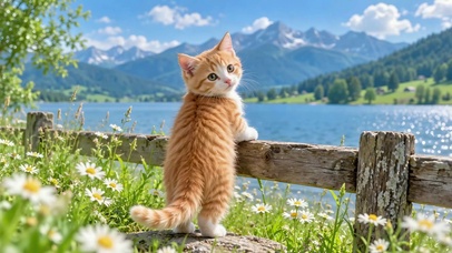 湖畔可爱橘猫治愈风景