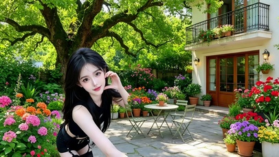 仿古小别墅花园宅院拍照的美女