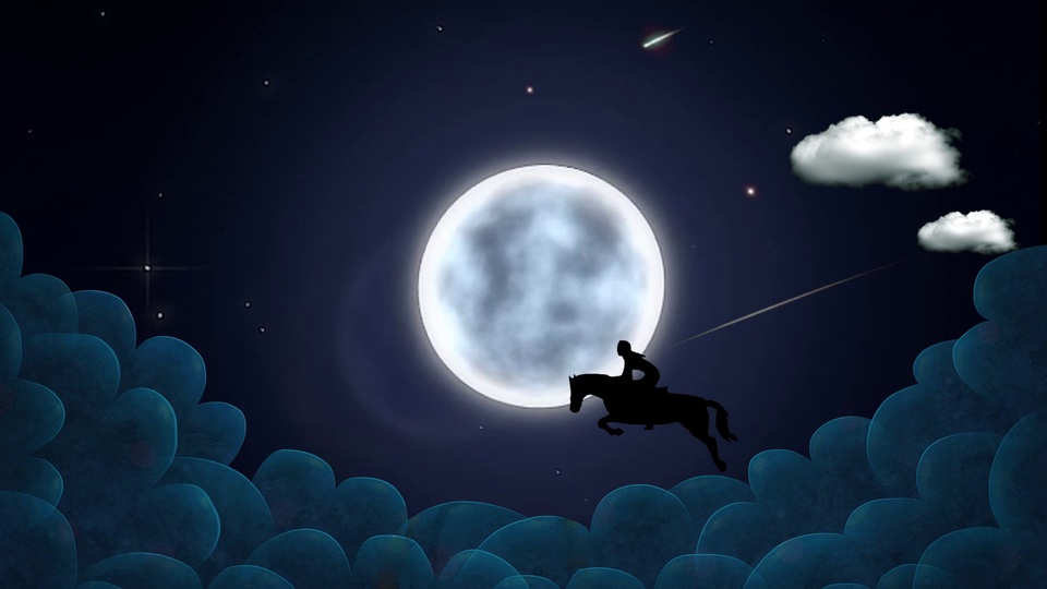 深靛蓝色的夜间天空中悬着一颗巨型亮白色满月，青蓝色云层缭绕，还有骑马人物的黑色剪影。