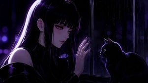 雨夜窗边少女与黑猫