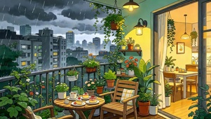 雨天暖居阳台城市雨景插画
