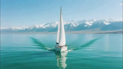雪山湖泊帆船