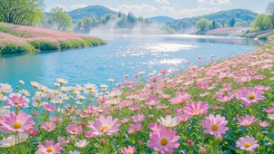 护眼湖岸远山花海