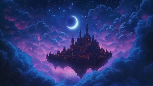 紫色夜幕云上弯月古堡