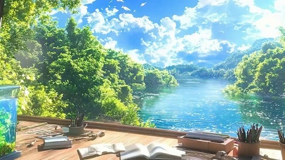 护眼蓝天白云树木绿景带鱼屏