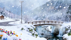 雪景房屋河流景色双屏