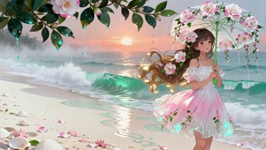 海边落日花伞少女