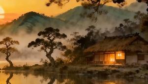 夕阳树木带鱼屏