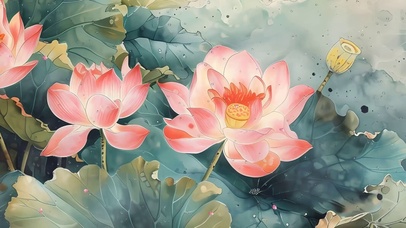 护眼简约莲花景色带鱼屏