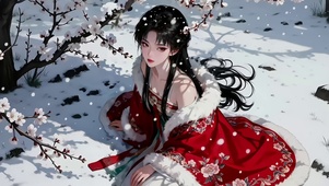 雪地侧坐在梅树旁赏梅的美女