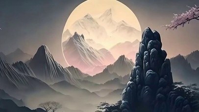 古风樱花树木夜景河流带鱼屏