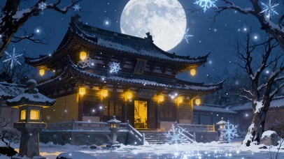 月亮星空雪天唯美治愈温馨古建筑