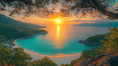 落日静谧蓝色海湾