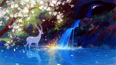 小鹿和瀑布