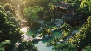 夏日绿色古建池塘美景