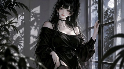 月夜窗边黑裙冷艳美女