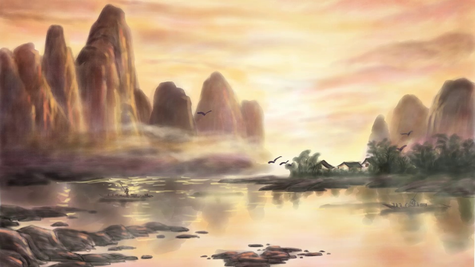 淡墨国风山水画面，暖橙日落天光铺在平静江面，两岸喀斯特峰林错落，江上两艘竹筏载着垂钓人，岸边散布黑顶中式民居，数只深色飞鸟从空中掠过。