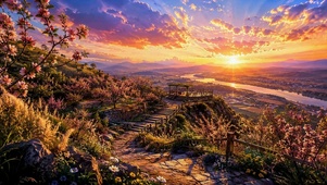 樱花日落山景