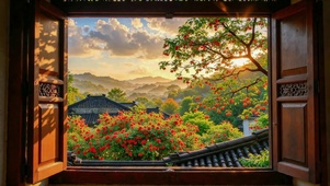 推窗望山野晨景红柿