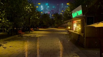 夜晚雨中城市公园