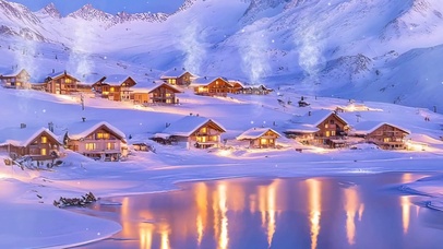 雪景树木房屋河流带鱼屏