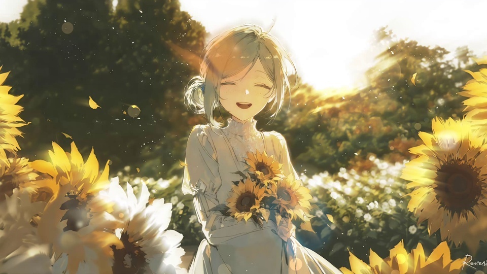 逆光花田中抱向日葵的短发少女，暖金光线洒落四周环绕向日葵。