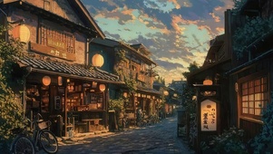 傍晚夕阳古朴古城小镇