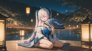 双马尾少女 孔明灯 和风夜景