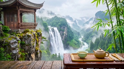 山水雨景品茶