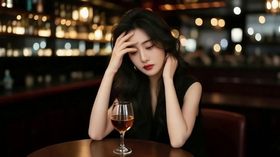 酒吧里独醉的长发美女