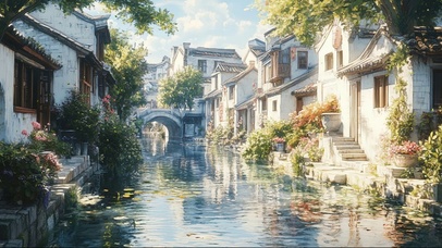 朦胧清新徽派水乡建筑