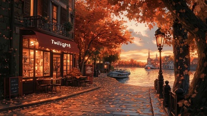 秋日河岸傍晚暮色酒馆