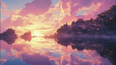 落日彩霞湖泊森林小城