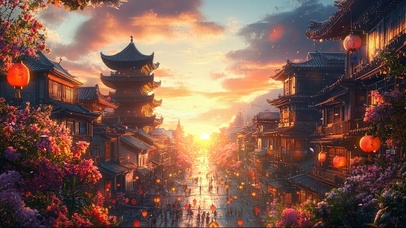 热闹古城黄昏落日街景