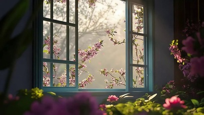 庭院唯美窗户粉花落日