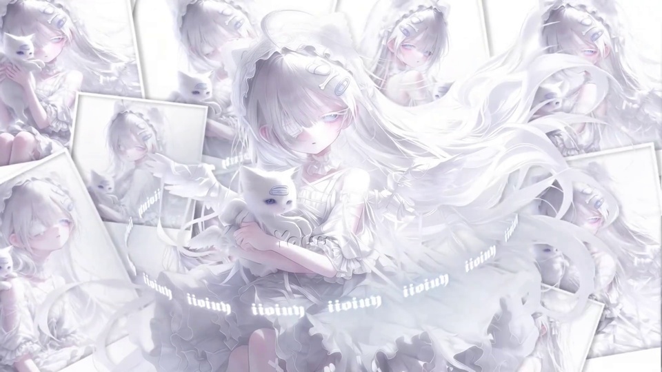 全白柔化画风里，穿白纱裙的银发少女抱着小白猫，周边散放同角色画框。