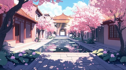 樱花古风庭院池塘夏日