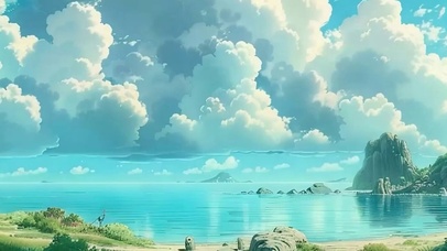 蓝天白云树木海景带鱼屏