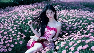 花丛中看书的红花边裙清纯美女2