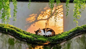 墙头上午睡猫咪