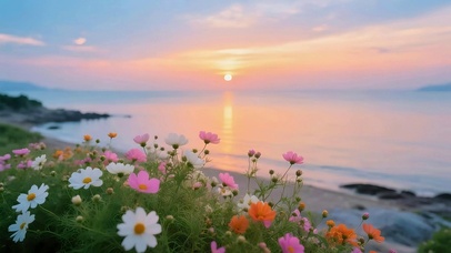 晚霞海边鲜花