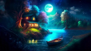 唯美月夜湖边小屋