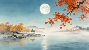 秋天月下湖面