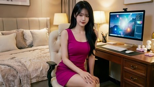 温馨房间里坐在电脑旁的电竞美女