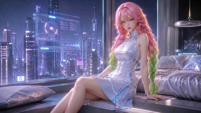 赛博都市粉发旗袍美少女