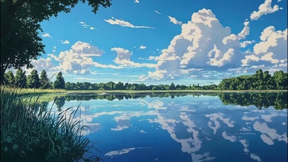 晴天白云树林中心湖泊