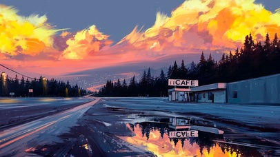 油画 黄昏道路风景