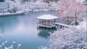 冬日湖畔古亭唯美雪景